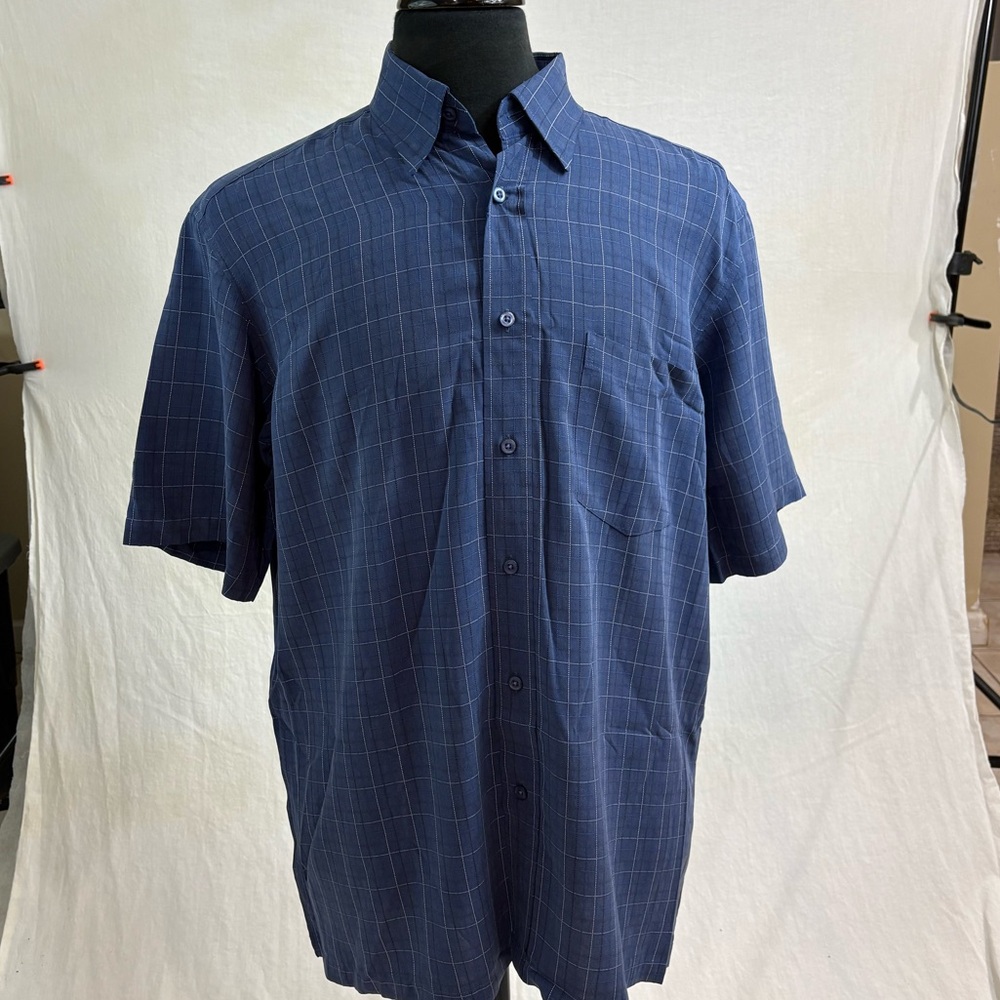 Bugatchi Button Down Shirt Short Sleeve Blue Checks Large